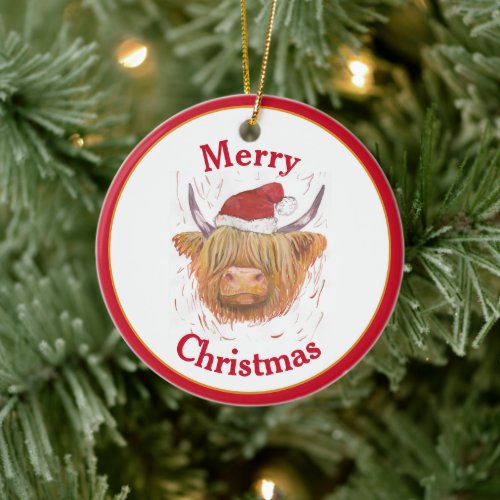 Merry Christmas highland cow christmas hat Ceramic Ornament