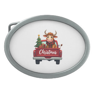 Merry Christmas Highland Cow Christmas Tree Red Tr Belt Buckle