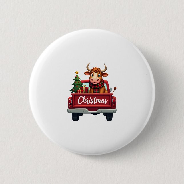 Merry Christmas Highland Cow Christmas Tree Red Tr Button (Front)