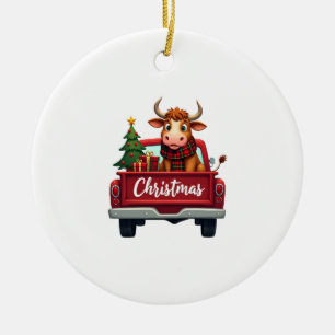 Merry Christmas Highland Cow Christmas Tree Red Tr Ceramic Ornament