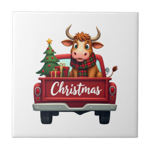 Merry Christmas Highland Cow Christmas Tree Red Tr Ceramic Tile