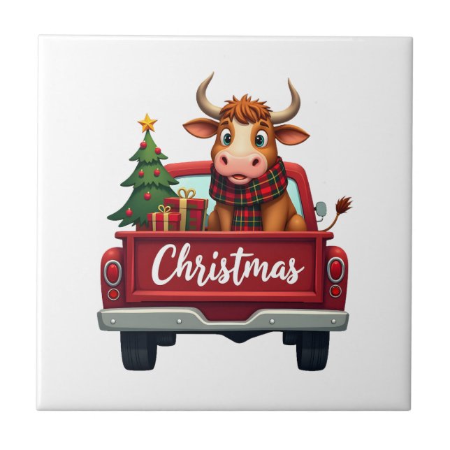 Merry Christmas Highland Cow Christmas Tree Red Tr Ceramic Tile (Front)