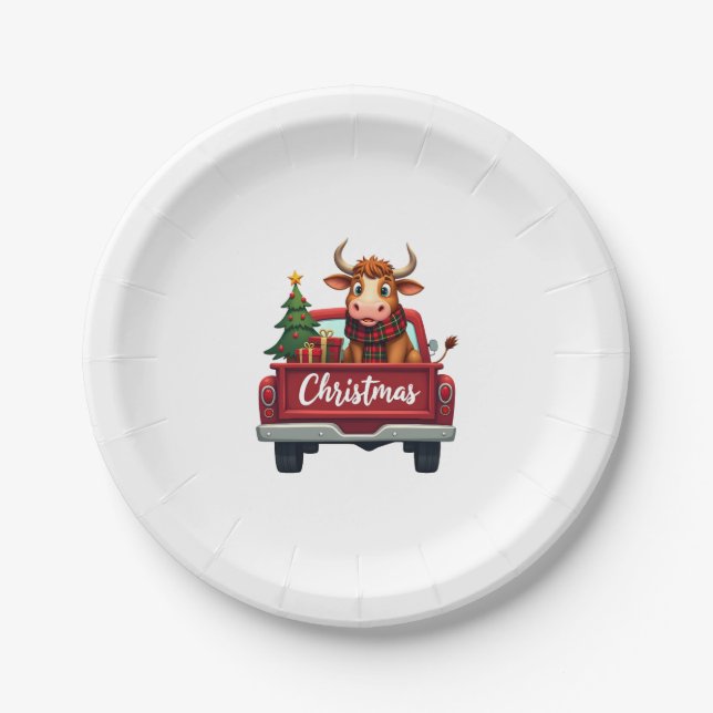 Merry Christmas Highland Cow Christmas Tree Red Tr Paper Plates (Front)