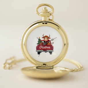 Merry Christmas Highland Cow Christmas Tree Red Tr Pocket Watch