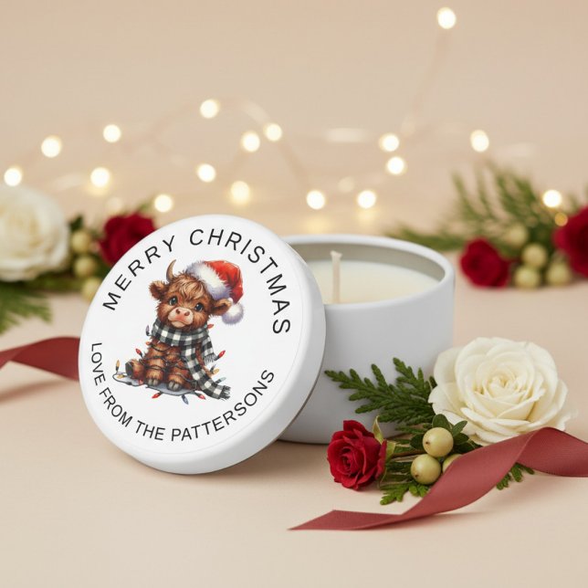 Merry Christmas Highland Cow Personalized Name Mini Candle Favors (Creator Uploaded)