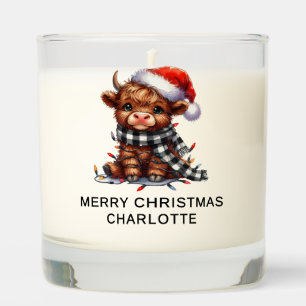 Merry Christmas Highland Cow Santa Hat Name Scented Candle