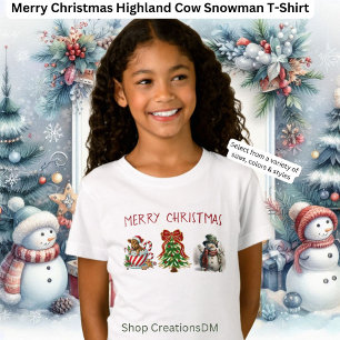 Merry Christmas Highland Cow Snowman T-Shirt