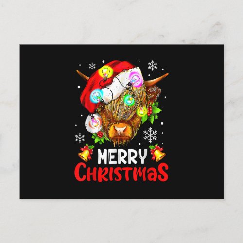 Merry Christmas Highland Cow Western Santa Hat Xma Holiday Postcard