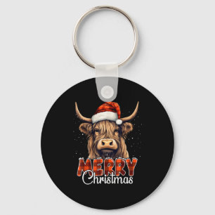 Merry Christmas Highland Cow Western Santa Hat Xma Keychain