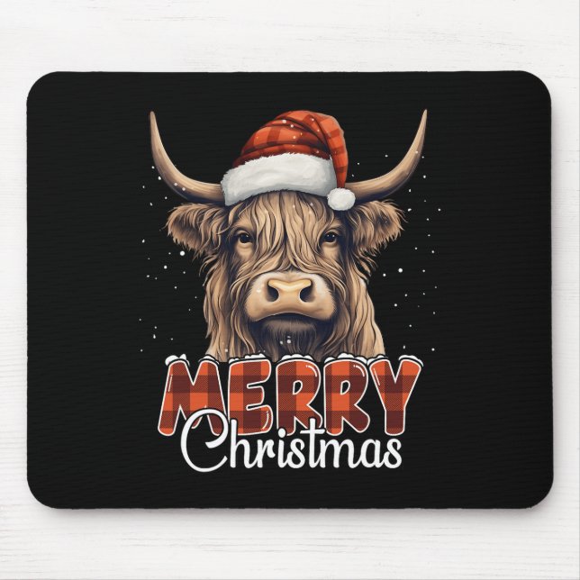 Merry Christmas Highland Cow Western Santa Hat Xma Mouse Pad (Front)
