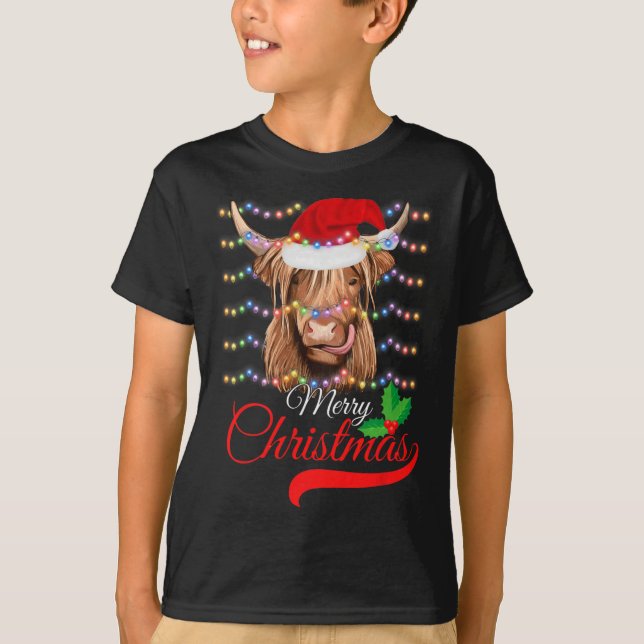 Merry Christmas Highland Cow Western Santa Hat Xma T-Shirt (Front)
