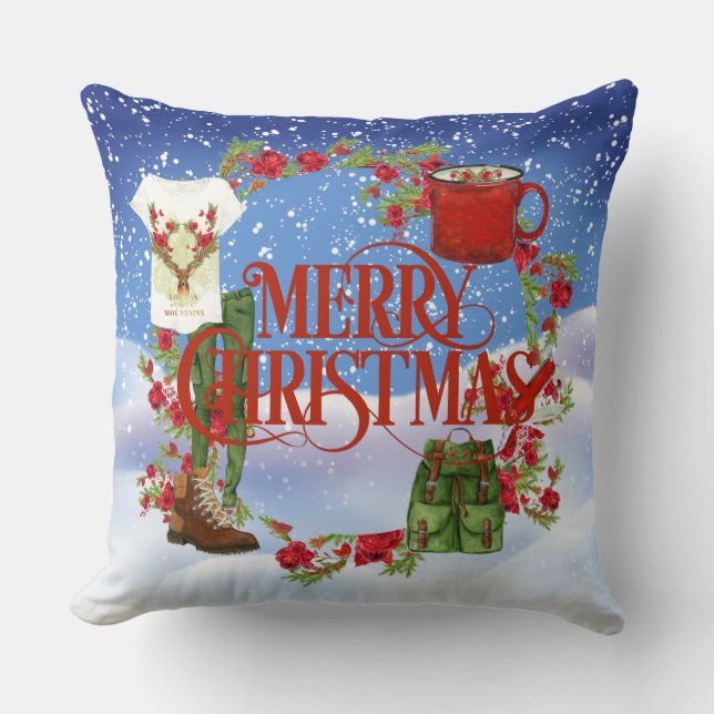 Merry Christmas Hikers Pillow with Mountains (Front)