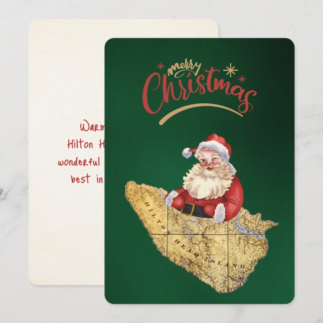 Merry Christmas Hilton Head Island Map with Santa Holiday Card (Front/Back)