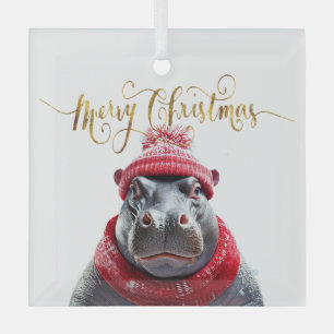 Merry Christmas Hippo Santa hat and scarf Glass Ornament