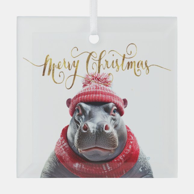 Merry Christmas Hippo Santa hat and scarf Glass Ornament (Front)