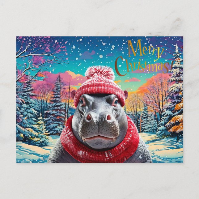Merry Christmas Hippo Santa hat and scarf Holiday Postcard (Front)