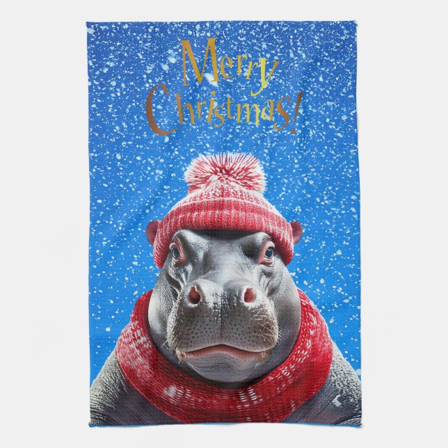 Merry Christmas Hippo Santa hat and scarf Kitchen Towel (Vertical)