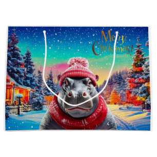 Merry Christmas Hippo Santa hat and scarf Large Gift Bag