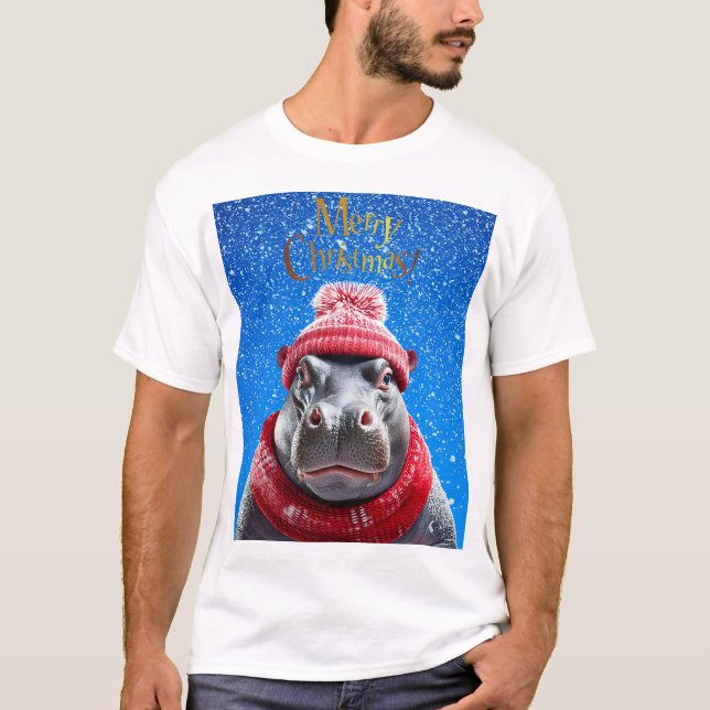 Merry Christmas Hippo Santa hat and scarf T-Shirt (Front)