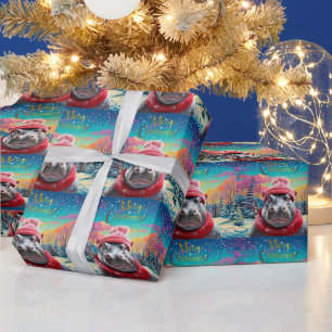 Merry Christmas Hippo Santa hat and scarf Wrapping Paper
