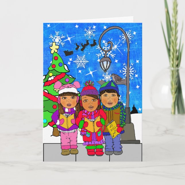 Merry Christmas Hispanic Children Carolers Holiday Card (Front)
