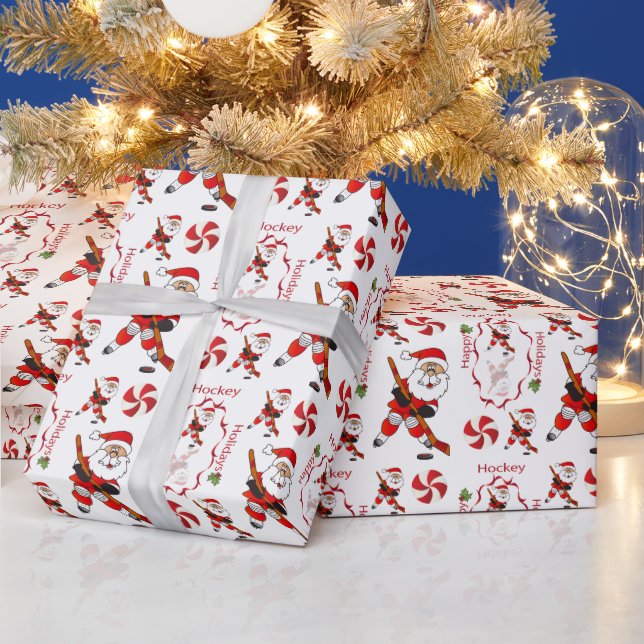 ⭐ Merry Christmas Hockey Santa Claus Wrapping Paper (Holidays)