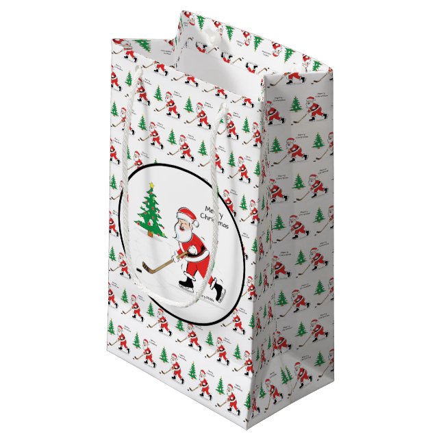 Merry Christmas Hockey Santa Small Gift Bag (Front Angled)