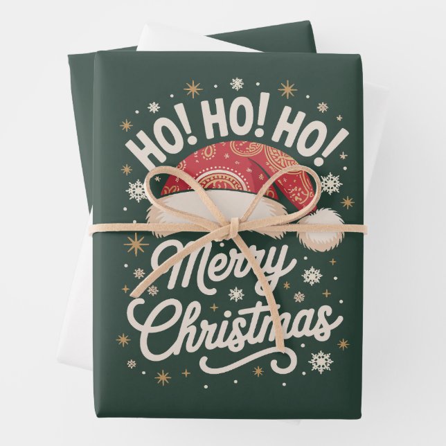 Merry Christmas HoHoHo Funny Santa Hat Xmas Wrapping Paper Sheets (In situ)