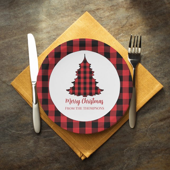 Merry Christmas Holiday Buffalo Check Pattern Paper Plates (Simple rustic red and black buffalo check pattern Christmas paper plate. )