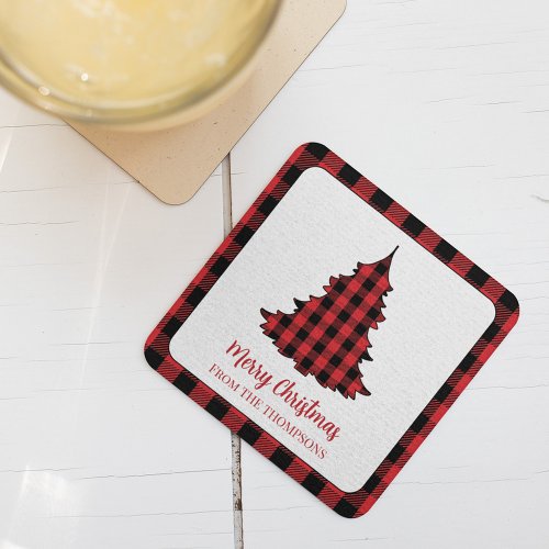 Merry Christmas Holiday Buffalo Check Pattern Square Paper Coaster