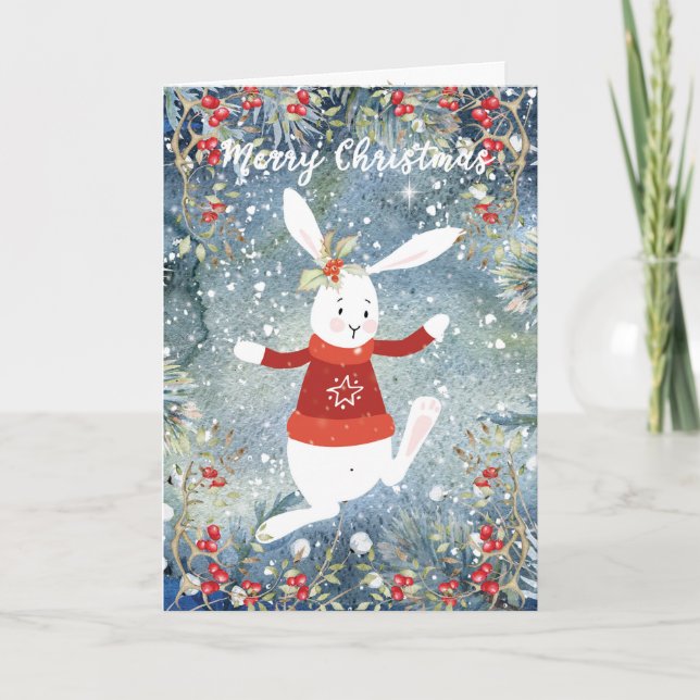 Merry Christmas holiday card snow cute bunny (Front)