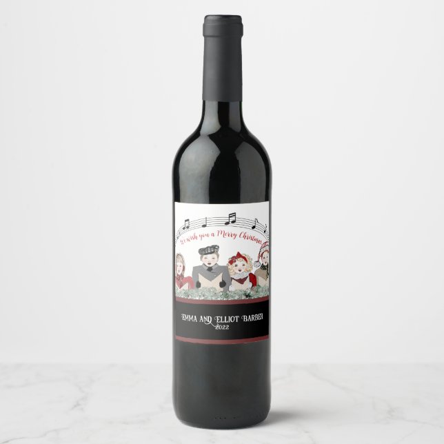 Merry Christmas Holiday Carolers Personalized  Wine Label (Front)