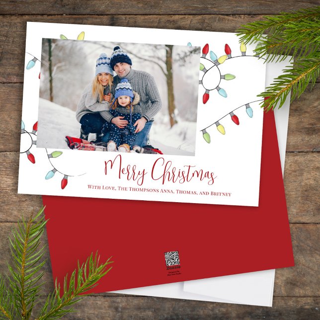 Merry Christmas Holiday Cute Festive String Lights (Merry Christmas cute calligraphy script single photo greeting card template. )