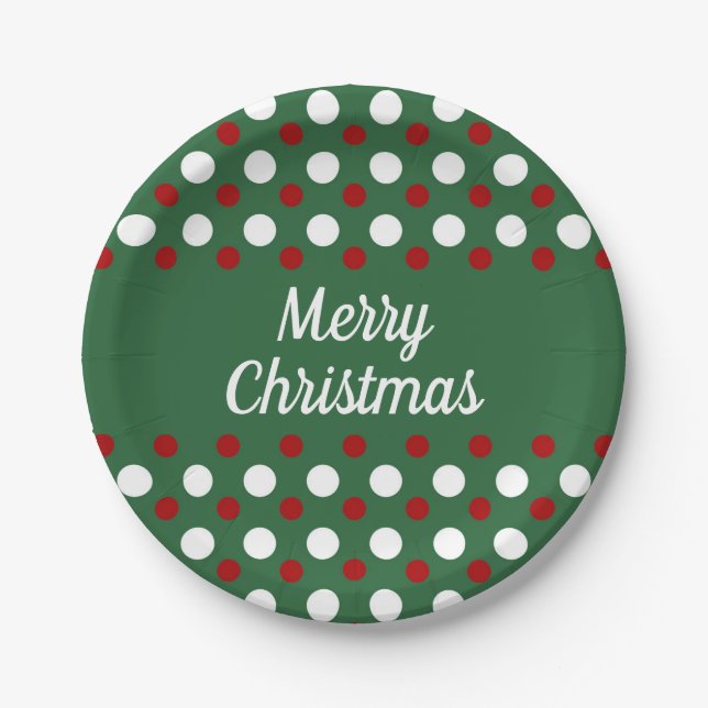 Merry Christmas Holiday Cute Green Polka Dots Paper Plates (Front)