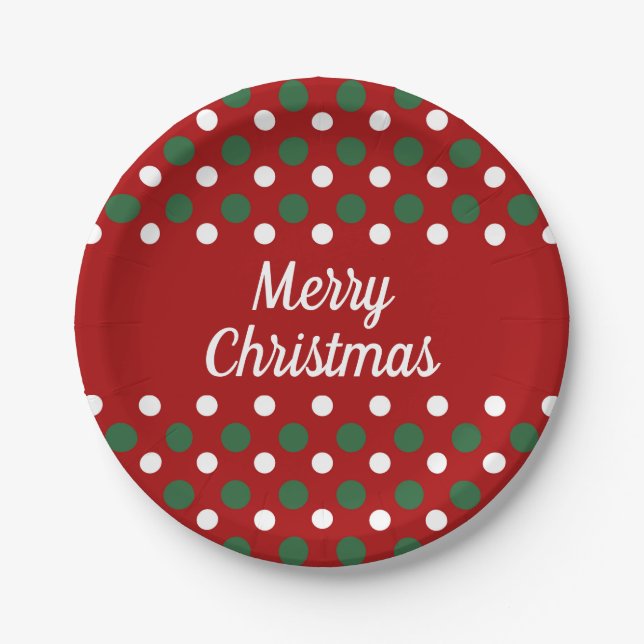 Merry Christmas Holiday Cute Red Polka Dots Paper Plates (Front)