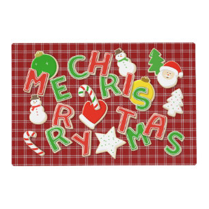 Merry Christmas holiday cutout cookies on plaid Placemat