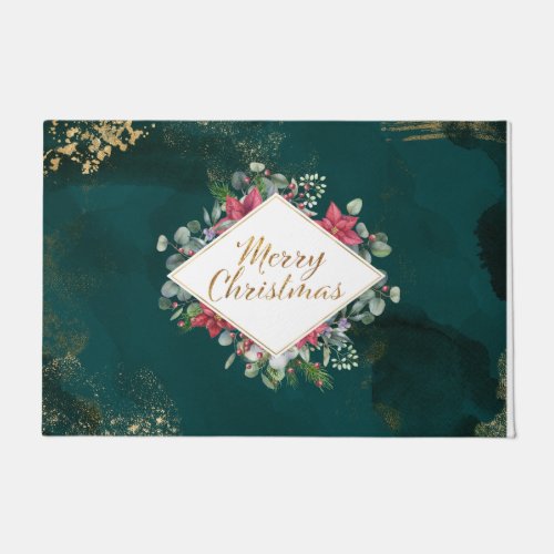 Merry Christmas Holiday Elegant Green Gold Red Doormat