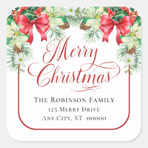 Merry Christmas Holiday Floral Return Address Square Sticker