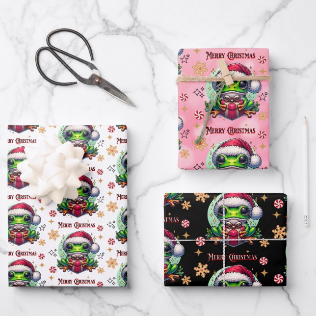 Merry Christmas Holiday Frog Wrapping Paper Sheets (Front)