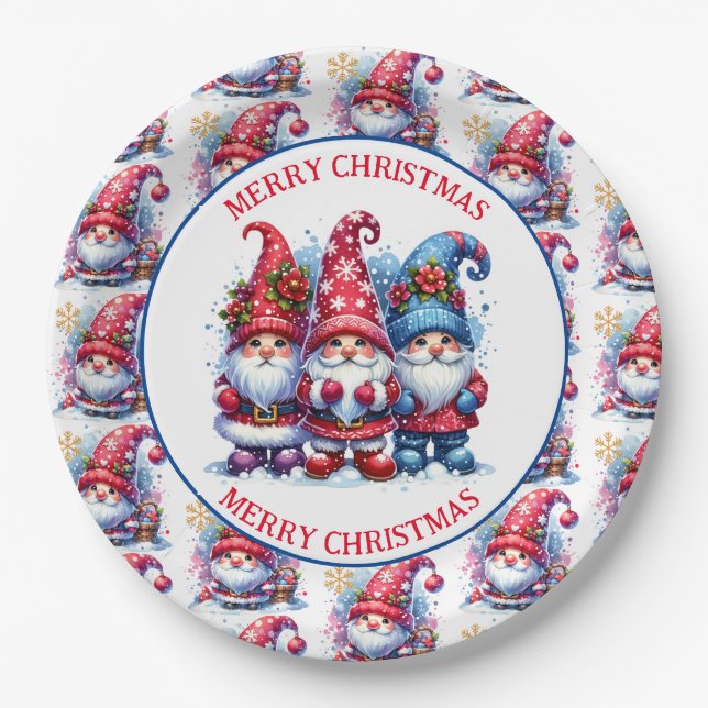 Merry Christmas Holiday Gnomes Paper Plates (Front)