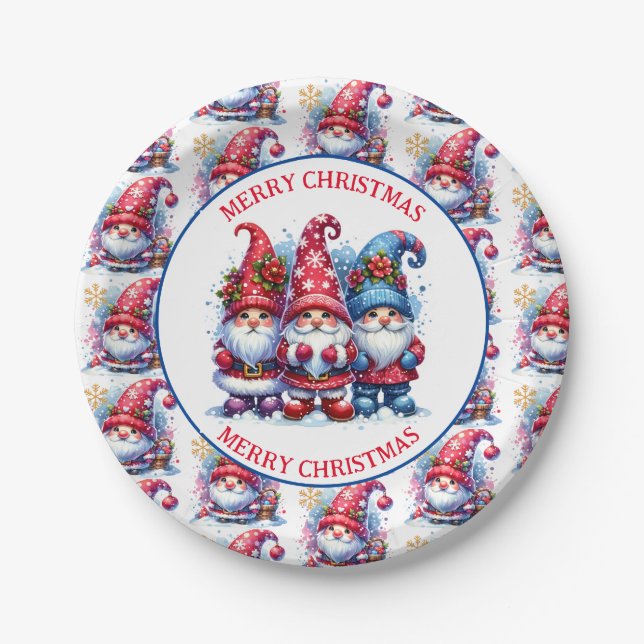 Merry Christmas Holiday Gnomes Paper Plates (Front)