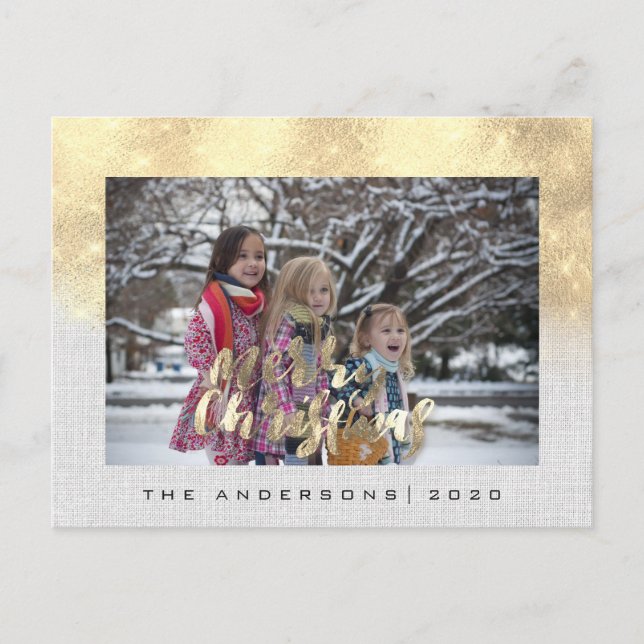 Merry Christmas Holiday Gold Cottage Photo Gray Postcard (Front)