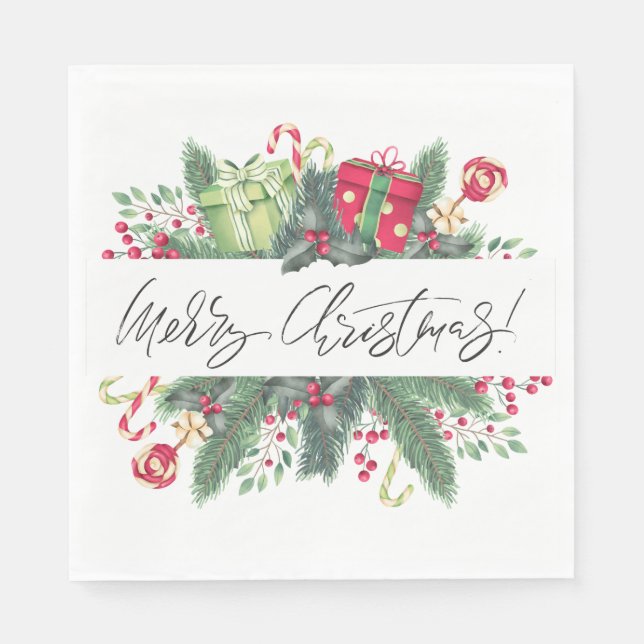 Merry Christmas Holiday Greenery Napkins (Front)