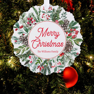 merry christmas holiday greenery red script chic ornament card