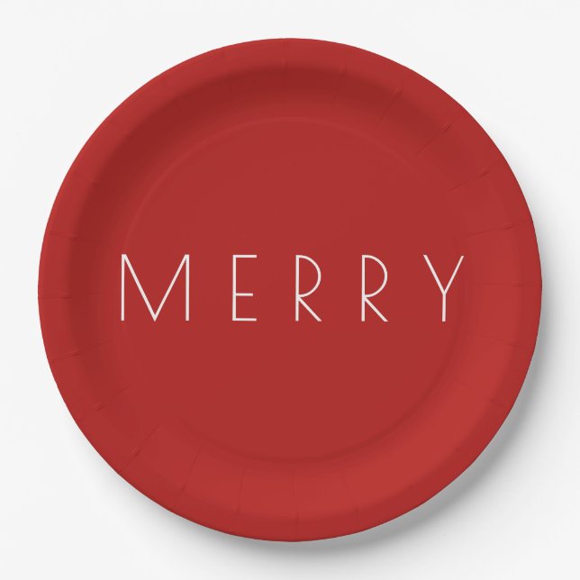 Merry Christmas Holiday Minimal Red White Party Paper Plates (Front)