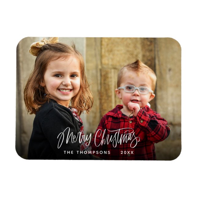 Merry Christmas Holiday Modern Photo Script Magnet (Horizontal)