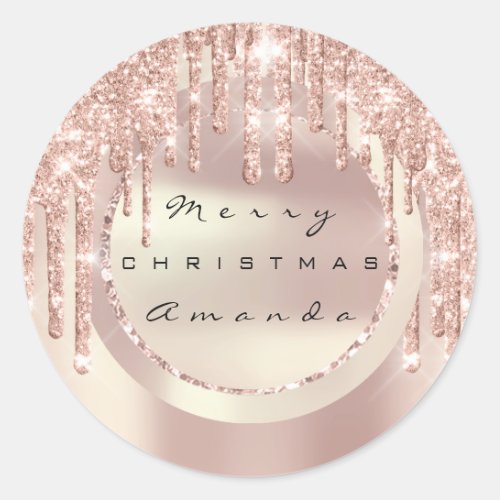 Merry Christmas Holiday Name Copper Rose Glitter Classic Round Sticker