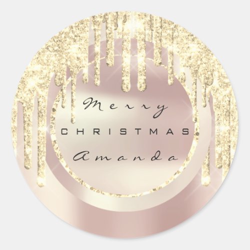 Merry Christmas Holiday Name Faux Gol Rose Glitter Classic Round Sticker