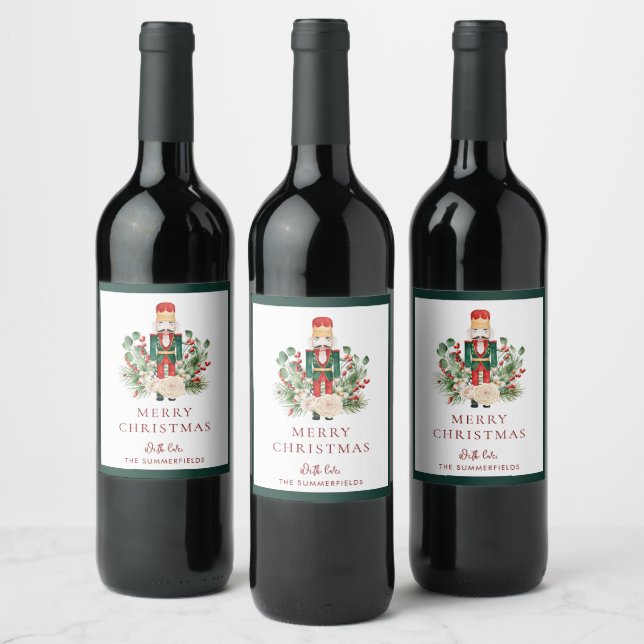 Merry Christmas Holiday Nutcracker Script Greenery Wine Label (Bottles)