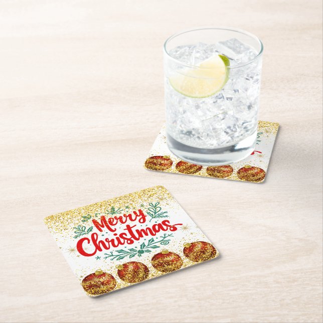 Merry Christmas Holiday Party Glitter Square Paper Coaster (Insitu)